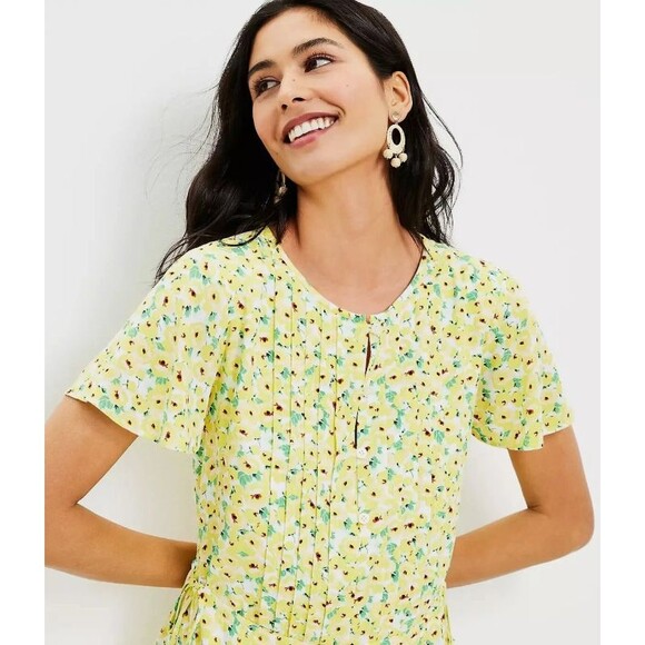 Loft Floral Pintucked Pleated Yellow Side Tie Button Flutter Sleeves Dress Sz S - Picture 2 of 12